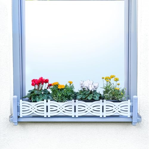 GREEN CREATIONS Masu Set base grigio, supporto per fioriera senza foratura, protezione anticaduta, protegge fioriere, erbe, decorazioni, regolabile in modo continuo, 78-140 cm (elementi decorativi:
