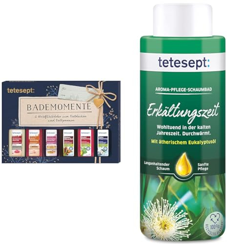 tetesept Bäder Geschenkset Bademomente – Badezusatz Probierset mit Geschenkanhänger & Aroma-Pflege-Schaumbad Erkältungszeit - Badezusatz mit ätherischem Eukalyptusöl