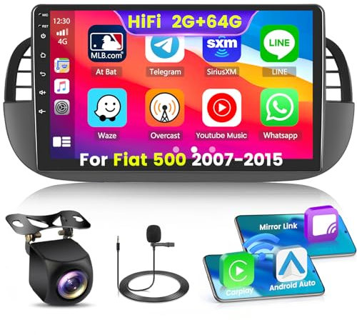 Inefala 2+64G Android Autoradio per Fiat 500 500C 2007-2015 9 Pollici Car Stereo Bluetooth con Navigazione GPS Wireless Carplay Android Auto Wifi RDS/FM SWC +Telecamera Posteriore+Mic