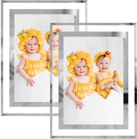 POTOK 13x18 cm Bilderrahmen Glas 2er Set, Fotorahmen Silber Klar verspiegelte Hochzeit Fotorahmen für Tischaufsteller vertikal oder horizontal