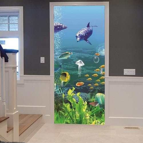Türtapete Selbstklebend Delfin, Qualle, Meeresfisch 90 X 200 Cm Türtapete Selbstklebend Türposter,Fototapete Selbstklebend 3D Pvc Türaufkleber Diy Türbild,Türfolie Poster Tapete - Kinderzimm -7J9H4U3
