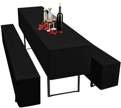 Pesonlook 1 Packung 3er Set Biertischhussen und Bankhussen, Schwarz Biertisch und Bankhussen Set für 70cm Tischbreite, Bierbankhussen Bierzeltgarnitur 220 x 70 x 35 cm für Bankette im Freien (Schwarz)
