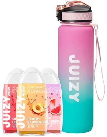 Trinkflasche Starter Set 3x Zuckerfreier Sirup inklusive, Sport Wasserflasche [Bottle BPA-free] 1Liter Auslaufsichere Sportflasche | Wasser mit Geschmack - Sirup ohne Zucker More Juizy Less Calories