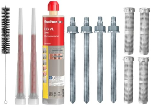 Schwerlastbefestigung SET M8x130mm VERZINKTER STAHL 5.8 FISCHER Montagemörtel VL300 T + 4 Gewindestangen + 4 Siebhülsen 12x85mm + Zylinderbürste/Klebeanker Ankerstangen