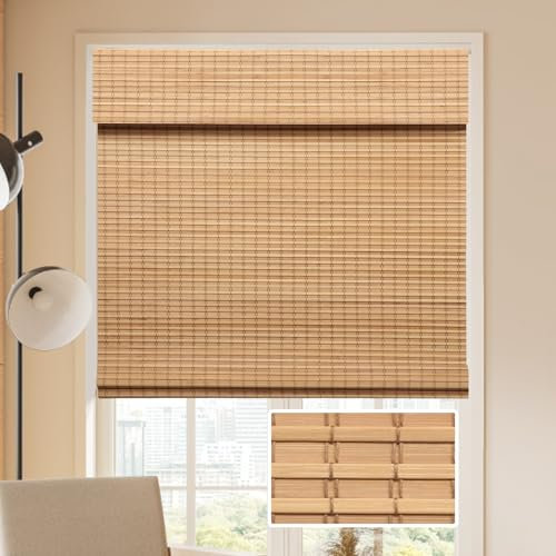 LUCKUP Cordless Bamboo Roman Blinds Shades for Indoor Windows-Blackout Room Darkening Roman Blinds with 6 Valance Cover Enhanced Privacy, 22 W x 64 H