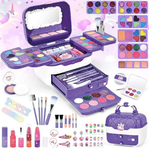 BuzzoXerex Schminkkoffer Mädchen, Kinderschminke Set Mädchen 73 Stück Waschbar Schminke Kinder Make Up Spielzeug Set mit Schminkspiegel, Nagelaufkleber und Lippenstift für 3 -10 Jahre (Lila)