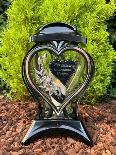 Lámpara de tumba en forma de corazón con diseño de flores, corazón con texto – para siempre en nuestros corazones, color plateado, vela nueva incluye vela sin base