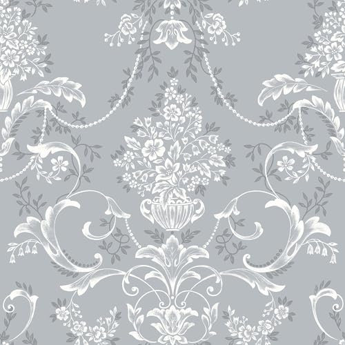 SOPHIE LAURENCE Rasch Amelie Damask Floral Blue White Wallpaper for Bedroom and Living Room Decor, Elegant Wall Covering, 10m Roll