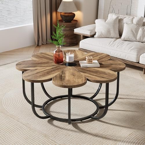 Tribesigns Mesa de Centro, 100 cm Mesa de Sofá Moderna en Forma de Flor, Central de Acento Floral con Estructura de Metal, para Salón, Marrón y Negro