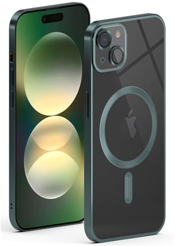 ONEFLOW Aura - Custodia per iPhone 15, compatibile con MagSafe, con protezione per fotocamera, custodia protettiva per ricarica wireless induttiva, custodia in silicone trasparente, verde