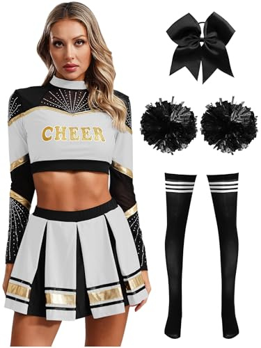 Alvivi 5Pcs Cheer Leader Kostüm Damen Langarm Cheerleading Uniform Crop Tops mit Rock Pompoms Socken Haarband Halloween Karneval Fasching Kostüm