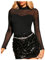 GORGLITTER Women's Mesh Long Sleeve Top T Shirt Sheer Mock Neck Stretchy Sexy Party Tee Top Sequin Black X-Large