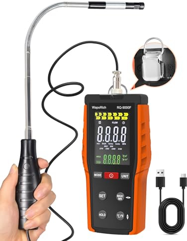 Thermisches Windmesser Windmessgerät, WapoRich Hitzdraht-Anemometer HVAC CFM Meter misst Windgeschwindigkeit, Temp(℃/℉), CMM/CMS/CFM mit MAX/MIN, Data Hold - RQ-9000F