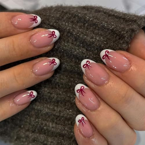GlamRays 24 Pieces Bow Press-on Nail Short Almond French Tips False Nail Cute Bow Nail Design Holiday Adhesive Nails White Nail Tips Artificial Nails with Adhesive Handmade Nails