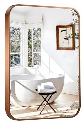 Umzodo Badezimmerspiegel für die Wand, abgerundeter rechteckiger Spiegel mit braunem Metallrahmen, zum Aufhängen für Badezimmer, Eingangsbereich, Wohnzimmer, Schlafzimmer, vertikal oder horizontal