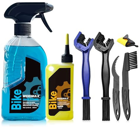 WEIDMAX Limpiador Cadena Bicicleta, 7 en 1 Kit Desengrasante Bicicleta con 350ml Spray Limpiador, 100ml Lubricante para Cadenas, 4 Cepillos y 1 Toalla, Kit Limpieza Bicicleta para MTB Carretera