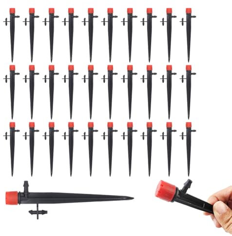 WUSJCOF 30 Stücke 360 Grad Einstellbare Bewässerung Sprinkler, Adjustable Flow Drippers, Tropfer Sprinkler, Garten Bewässerung Tropfer, für Gewächshaus und Topfpflanzen (5 Stake, 1/4 Zoll Schläuche)