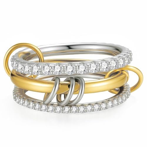 Emibele Stapelbare Ringe für Frauen, Multi-Link Verbunden Gold Silber Ringe für Frauen Nicht Anlaufen, Interlocking Metall Stapelbar Bands, Schmuck Geschenk für Geliebte Menschen, Größe 6-10