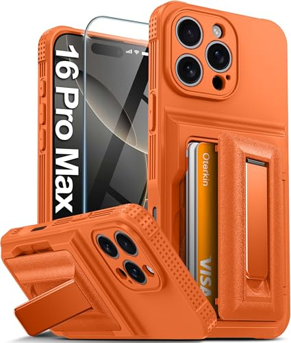 Oterkin for iPhone 16 Pro Max Case with Card Holder & Stand, Orange 6.9