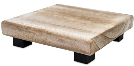 Spetebo Holz Blumenhocker Natur eckig klein 21 x 21 cm | Mini Pflanzenhocker, 4 Füße in schwarz, Echtholz, Multifunktional als Dekotablett