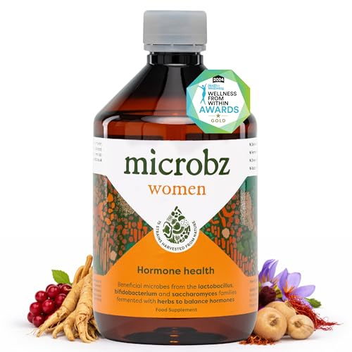 MICROBZ Women Liquid Gut Health Supplement, Live Cultures, 31 Serv, Vegan | 15 strains of microbes from soil fermented with shatavari, dong quai, maca, magnesium, dairy and sugar free, no fridge, 475ml