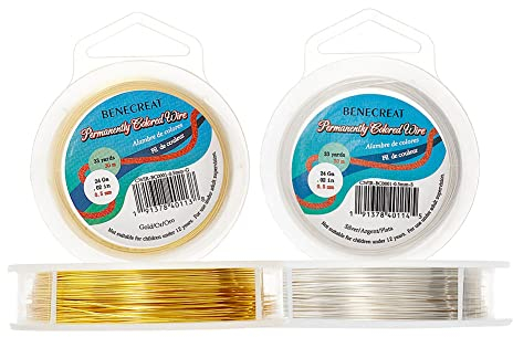 BENECREAT 60m 0.5mm Alambre de Cobre Cable Metal Alambre de Joyería para Manualidad Dorado y Plateado Calibre 24, 30m/Rollo, 2 Rollos