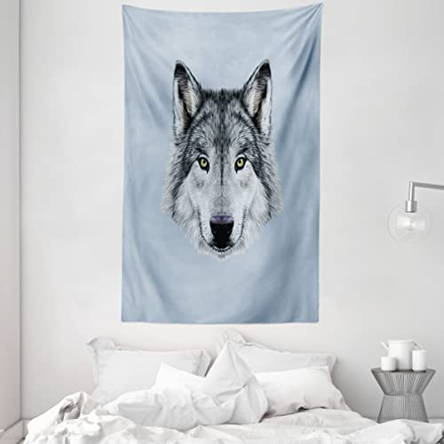 ABAKUHAUS Wolf Wandteppich und Tagesdecke, Detaillierte Canine Expression aus Weiches Mikrofaser Stoff Waschbar ohne Verblassen Digitaldruck, 140 x 230 cm, Schwarz Beige Blaugrau