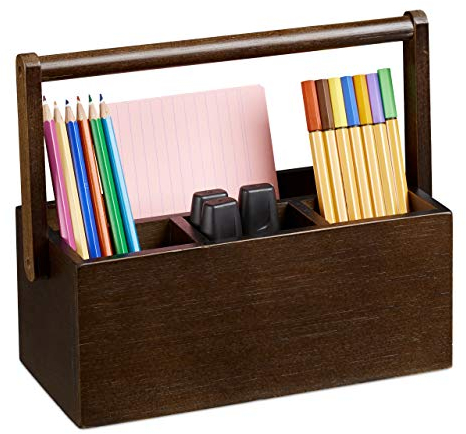 Relaxdays Stiftehalter, Tischorganizer aus Bambus, mit Henkel, Büro Organisation, 4 Fächer für Stifte, Dunkelbraun, H x B x T: ca. 20 x 25 x 11,5 cm, Dark Brown