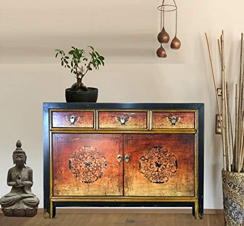 OPIUM OUTLET Asia Kommode Schlafzimmer, Sideboard Vintage Schrank chinesisch orientalisch Anrichte orange Shabby Chic Stil
