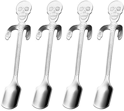 4 Pcs Funny Skull Spoons Stainless Steel Hanging Novelty Small Sugar Spoons for Dessert Tea Appetizer