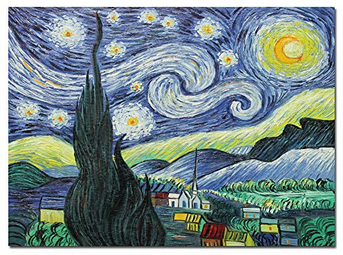 Fokenzary – Pintura al óleo pintada a mano sobre lienzo – Reproducción de la noche estrellada de Van Gogh – Enmarcada, lista para colgar – lienzo, 60 x 80 cm