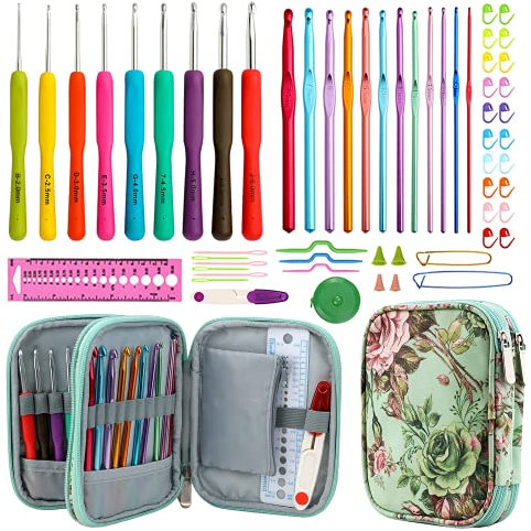 JOZEA Neues Set mit 53 ergonomischen Häkelnadeln im Etui, 9 Stück Gummigriffhaken 2.0MM-6MM und 8 Stück Bambushaken 1.0MM-2.75MM Comfort Grip für arthritische Hände-Accessoris inklusive