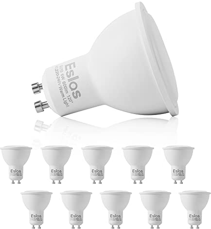 Eslas GU10 LED Bulbs Warm White 3000K, 6W 600LM,60W Halogen Bulb Equivalent,120 Degree Beam, Not-dimmable, Pack of 10