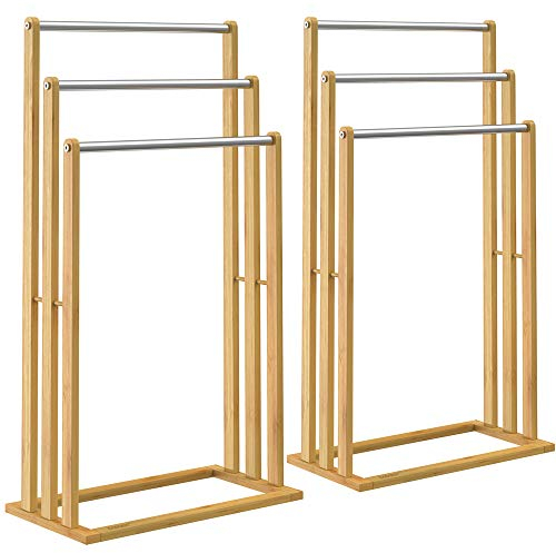 CASARIA® 2er Set Handtuchständer Freistehend Bambus Holz 84x46x24cm 3 Edelstahl Stangen Ablage Ohne Bohren Handtuchhalter Stehend Handtuchstange Bad