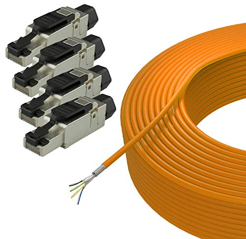 AIXONTEC RJ45 50 m CAT.7 Netzwerkkabel SET Orange mit 4x RJ 45 Cat.6A feldkonfektionierbaren Stecker 10 Gigabit Lan Kabel selber machen selbstmontage ohne Werkzeug AWG 23 1000 MHz