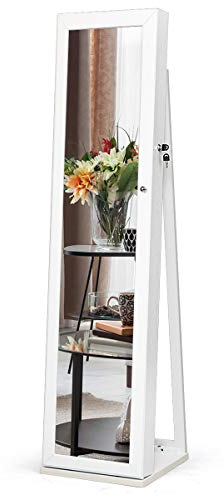 GOPLUS Schmuckschrank mit Spiegel, Spiegelschrank stehend mit großem Stauraum, Lagerregalen und Umkippschutz, Standspiegel Schmuck Organizer abschließbar für Schlafzimmer Wohnzimmer (Weiß)