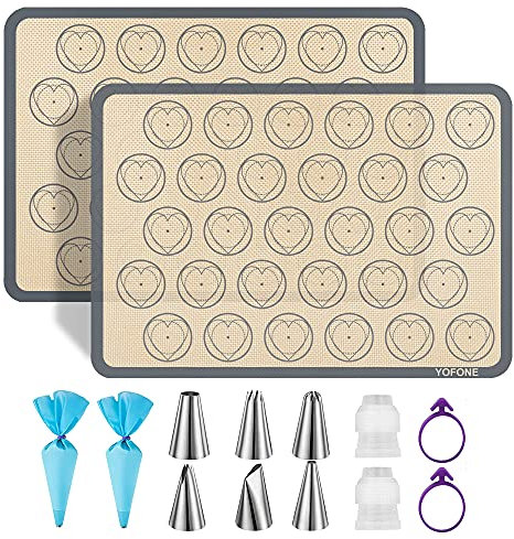 YOFONE Silikon-Backmatten-Set mit Herz-/Macarons-Form, inkl. 6 Spritztüllen, 2 Spritzbeuteln und 2 Beutelbinder – wiederverwendbare antihaftbeschichtete Einlagen, 2 Backbleche