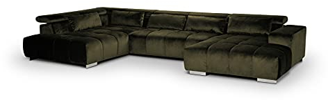 Mivano Wohnlandschaft Orion / Riesige Sofalandschaft in U-Form inkl. XL-Recamiere und Kopfteilfunktion / 409 x 73 x 225 / Velours, Grün