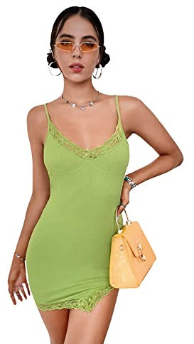 Floerns Vestido ajustado sin mangas con ribete de encaje para mujer, Verde lima (Lime Green), Large