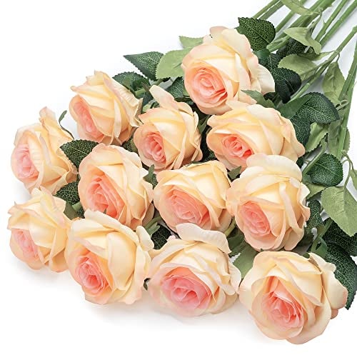 Mocoosy 12 Rosas Artificiales Flores Falsas para decoración, champán Rosas de Seda Solo Tallo Flores Ramo para para Bodas centros de Mesa, arreglos Florales, Fiesta, hogar, Mesa decoración