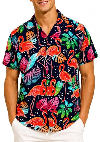 King Kameha Hawaii Hemd Männer - Tropisches Hawaiihemd Herren Kurzarm mit Flamingo-Print & Fronttasche, Ideal für Urlaub, Festival & Strand