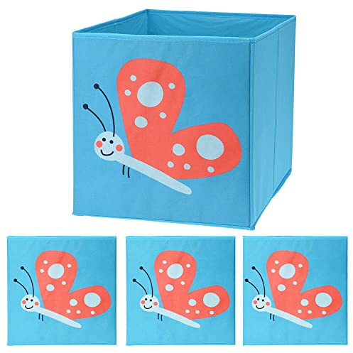 Murago 4er Set Faltboxen ca. 30x30x30 cm - Aufbewahrungsbox faltbar Körbe Blau Schmetterling Einschub Boxen Stoff Würfel Regalkorb Klappbox für Kinderzimmer
