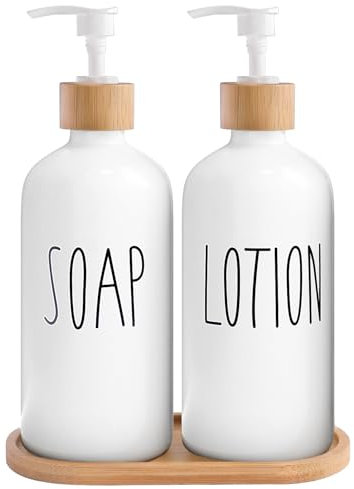 MOMEEMO Set di dispenser di sapone bianco da bagno, dispenser di sapone da bagno con dispenser di sapone in vetro, pompe e vassoio in bambù. Set di dispenser per sapone e lozioni, adatto per accessori