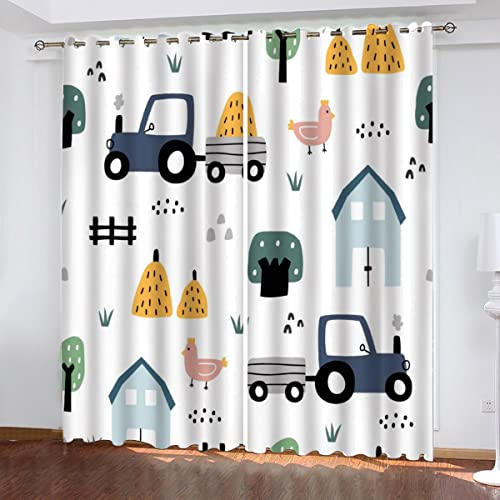 Lolosale Vorhang Blickdicht mit Ösen Traktor Verdunkelungsvorhang 2er Set, Cartoon-Stil Polyester Schallschutz Gardinen für Jungen Mädchen Kinderzimmer Dekoration vorhänge B 110 X H 95 cm