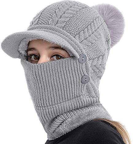 TOEECY Damen Mütze Winter Strickmütze&Halswärmer-Sets Warme Schal Mütze Set Strickschal Winddichte Cap mit Kunstpelz Bommel Mütze & Schal Set mit Fleecefutter Verstellbare Mützen mit Visier (Grau)