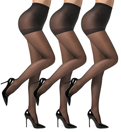 EVERSWE 3 Pairs 20D Women's Sheer Tights with Reinforced Toes (Black, S)