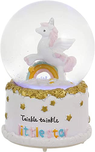 Castell Deco Schneekugel, Glasballon, Musik & Licht, Einhorn, Regenbogen, Spieluhr, Nachtlicht, mehr als 7 verschiedene Melodien.