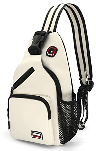 HNOOM Sling Bag Damen Klein Rucksack mit Kopfhörerloch Brusttasche Damen Oxford-Stoff Crossbody Bag Damen Casual Daypack mit Verstellbarem Schultergurt für Outdoorsport, Reisen, Einkaufen (Weiß-L)