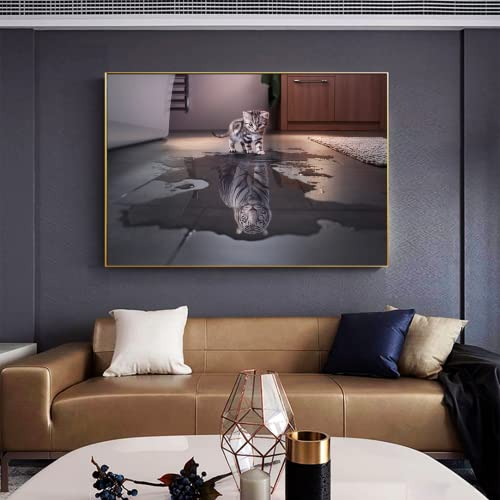 JNAOZI Wandbild Katze Reflexion Tiger,Moderne Leinwandbilder Kunstwerk Katze und Tiger Poster, Wandkunst Nordic Tier Bilder für Wohnzimmer,ohne Rahmen (30x45cm*1)