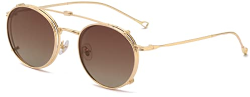 kachawoo Runde polarisierte Sonnenbrille Männer UV400 Linse Clip auf Sonnenbrille Frauen Metallrahmen Flip Up Brillen (gold with brown)